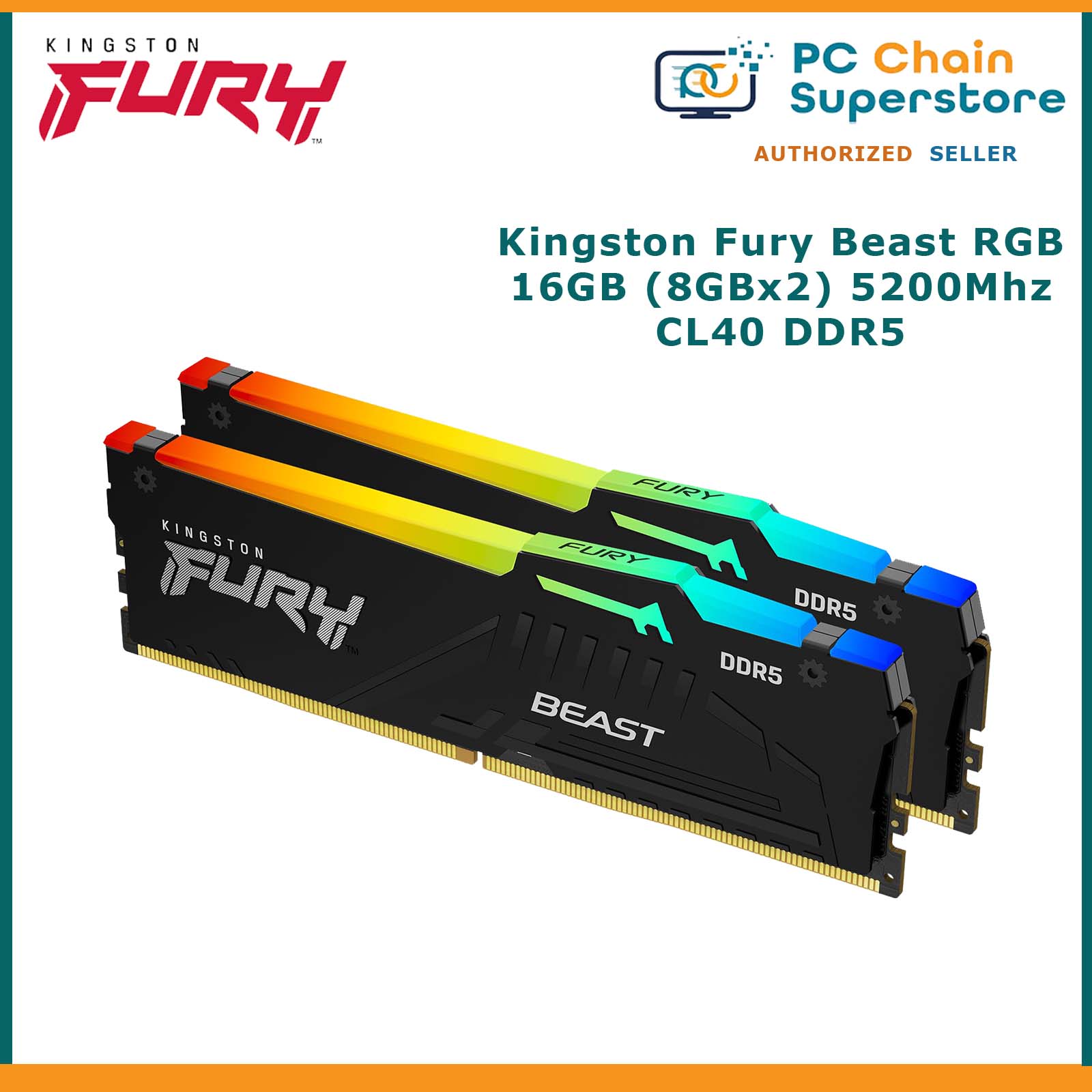 Оперативная память 32GB DDR5 5200MHz Kingston Fury Beast RGB (KF552C40BBAK2-32) (2x16GB KIT)