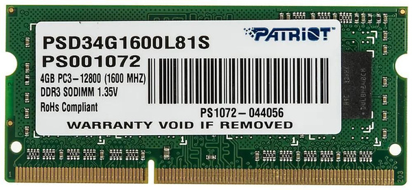 Оперативная память 4GB DDR-III 1600MHz Patriot SO-DIMM (PSD34G1600L81S)